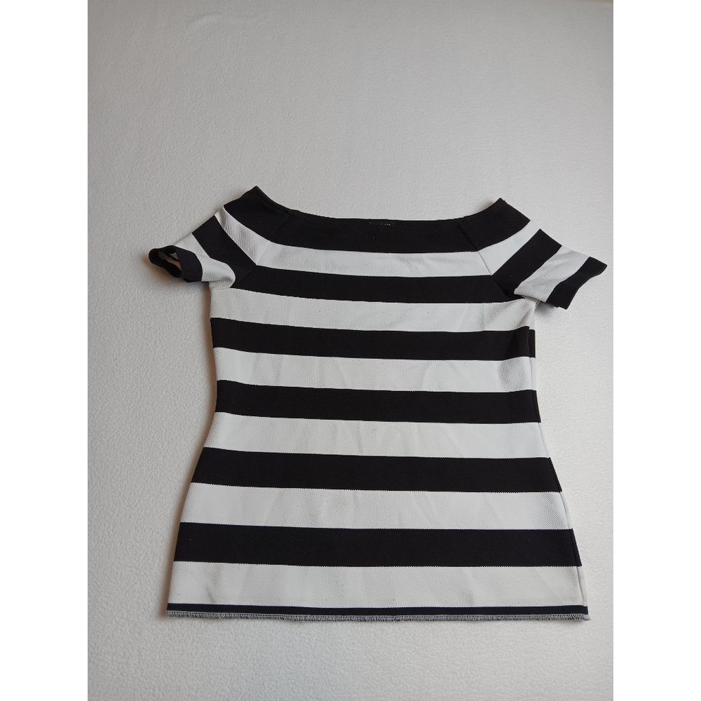 Ann Taylor Factory Petite Black White Striped Boat Neck Top Womens MP Medium